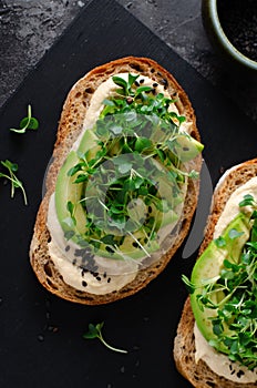 Avocado Hummus Toast with Sprouts, Healthy Snack, Breakfast, Vegetarian Meal