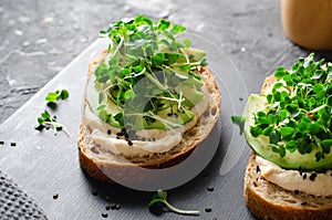 Avocado Hummus Toast with Sprouts, Healthy Snack, Breakfast, Vegetarian Meal