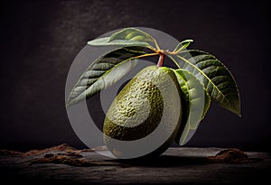 Avocado with leaves- Dark background. Generative AI