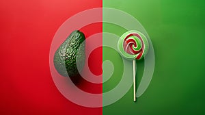 Avocado and lollipop on a red and green split background. Healthy versus junk food. Diet concept. Generative AI