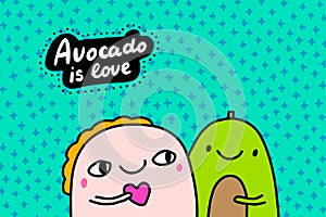 Avocado is love hand drawn vector illustration in cartoon comic style man hugs holding heart symbol