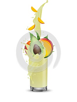 Avocado mango splashing in glass. Realistic 3d splash fruit cream splashing juice glass with swirl. Falling milk into the cup.