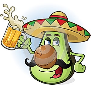 Avocado Mexican Cartoon Character Drinking Beer