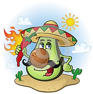 Avocado Mexican Cartoon Character a Holding Hot Chili Pepper