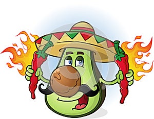 Avocado Mexican Cartoon Character Holding Hot Chili Peppers