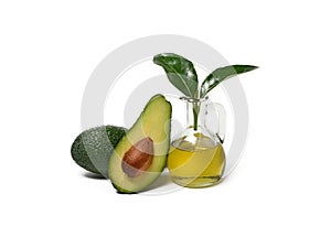 Avocado oil with fruits around - isolated on white background