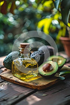 Avocado oil on a table in the garden. Selective focus.