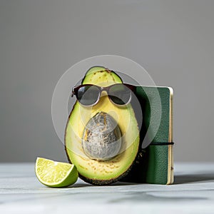 Avocado with a passport and sunglasses