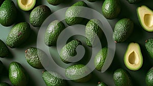 Avocado pattern on a green background. Top view. Flat lay