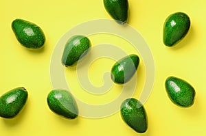 Avocado pattern on yellow background. Top view. Banner. Pop art design, creative summer food concept. Green avocadoes, minimal fla
