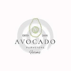 Avocado Purveyors Farm Abstract Vector Sign, Symbol or Logo Template. Hand Drawn Sketch Fruit with Retro Typography photo