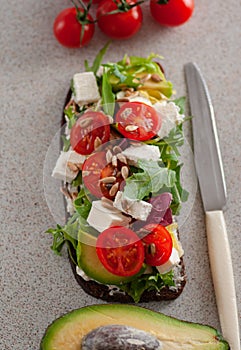 An avocado sandwich with tomatoes and cheeses.