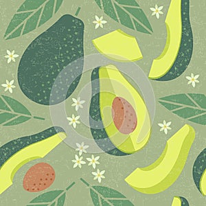 Avocado seamless pattern. Whole and sliced avocado with leaves and flowers on shabby background.