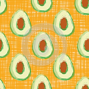 Avocado seamless vector pattern background. Hand drawn fruit illustration on watercolor paint style orange backdrop