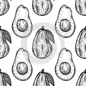 Avocado seamless vector pattern. Whole garden fruit, cut in half. Fresh exotic vegetable with seed, ripe pulp, on a branch
