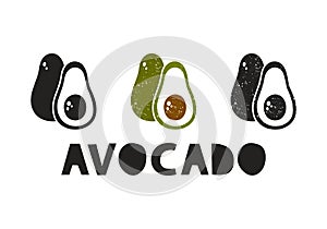 Avocado, silhouette icons set with lettering. Imitation of stamp, print with scuffs. Simple black shape and color vector