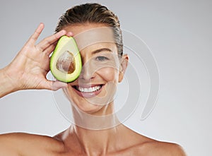 Avocado skincare, woman beauty and natural cosmetics for facial mask, healthy diet and happy results on grey studio