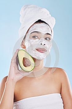 Avocado, skincare and woman with facial face mask for cleaning, detox and healthy pores in a beauty portrait. Wellness