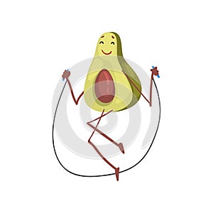 Avocado Skipping with Jump Rope, Funny Exotic Fruit Athlete Cartoon Character Doing Sports Vector Illustration