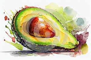 Avocado slice drawing with bit of watercolor. cut ood fresh ripe organic green health