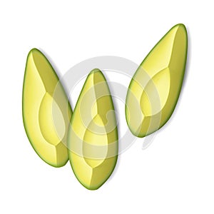 Avocado slices isolated on white background, realistic vector illustration. Peeled and cut into pieces avocados