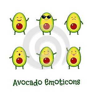 Avocado smiles. Cute cartoon emoticons. Emoji icons