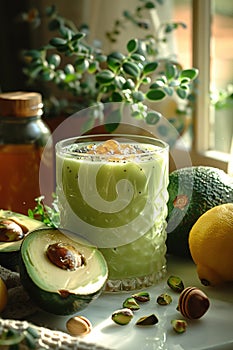 Avocado smoothie with nuts and seeds, garnished and ready to serve