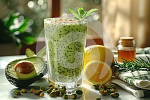 Avocado smoothie with nuts and seeds, garnished and ready to serve.