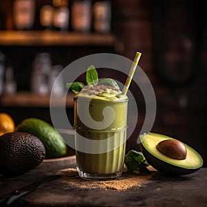 Avocado Smoothie On Stone In Rustic Pub. Generative AI