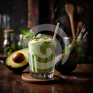 Avocado Smoothie On Stone In Rustic Pub. Generative AI