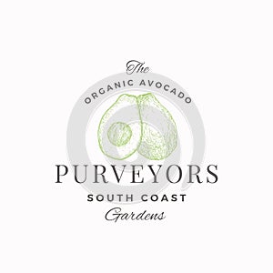 Avocado South Farm Abstract Vector Sign, Symbol or Logo Template. Hand Drawn Sketch Fruit with Retro Typography. Vintage photo