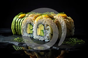 Avocado Sushi, Green Kappamaki Rolls, Traditional Japanese Susi, Abstract Generative AI Illustration