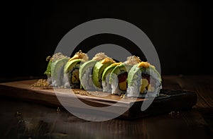 Avocado Sushi, Green Kappamaki Rolls, Traditional Japanese Susi, Abstract Generative AI Illustration