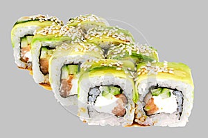 Avocado Sushi Roll with Salmon and Sesame Cheese Cucumber Unagi Sauce