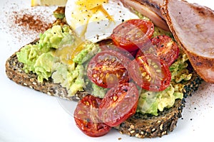 Avocado Toast with Cherry Tomatoes Poached Egg and Bacon Top Vie