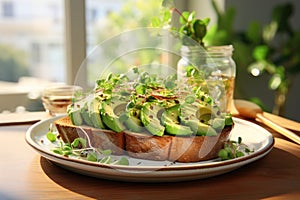 Avocado toast on a plate, breakfast on a beautiful background