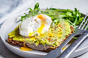 Avocado toast with poached egg on gray plate. Vegetarian healthy food concept