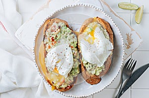 Avocado toast with poached egg. Healhty breakfast concept.