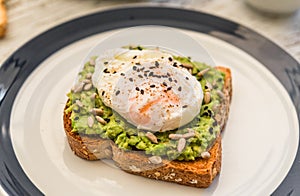 Avocado toast with poached egg. Vegetarian food and healthy eating concept.