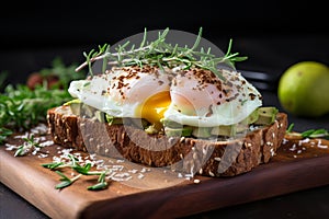 Avocado Toast with Poached Eggs on Whole Grain Bread - nutritious and Delicious Breakfast Option, Ai, AI Generated