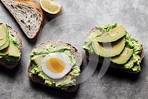Avocado toast with soft boiled egg, food photography photorealistic illustration
