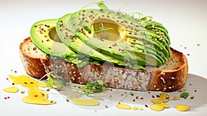 Avocado toast sprinkled with seasoning seeds on white background