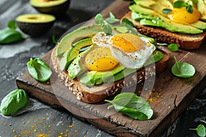 Avocado toast with sunny-side up eggs photo