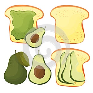 Avocado toast - vector set. Fresh toasted bread with avocado. Delicious sandwich