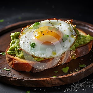 Avocado toast on whole grain bread with fired egg,