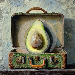 Avocado with a travel suitcase