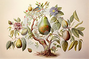 An avocado tree with ripe avocado fruits hanging from its branches, generative ai illustration