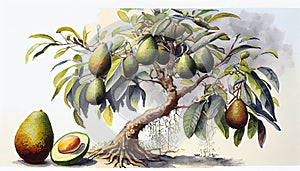 An avocado tree with ripe avocado fruits hanging from its branches, generative ai illustration