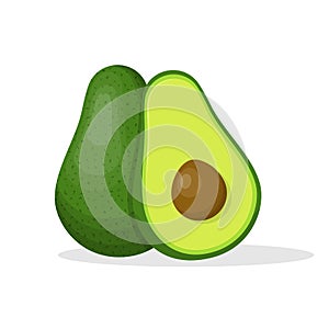Avocado whole and half isolated on white background. Green avocado fruit with seed food icon. Summer fruits for a
