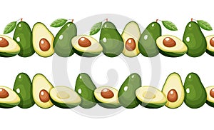 Avocado whole and half with leaves seamless horizontal border. Packaging, banner, website, and poster design. Isolated on a white